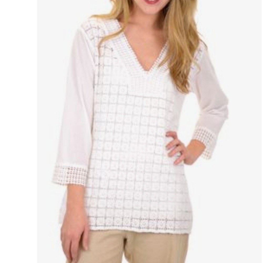 South Main Crochet Tunic Top V-Neck 3/4 Sleeve‎ White Blouse L/XL